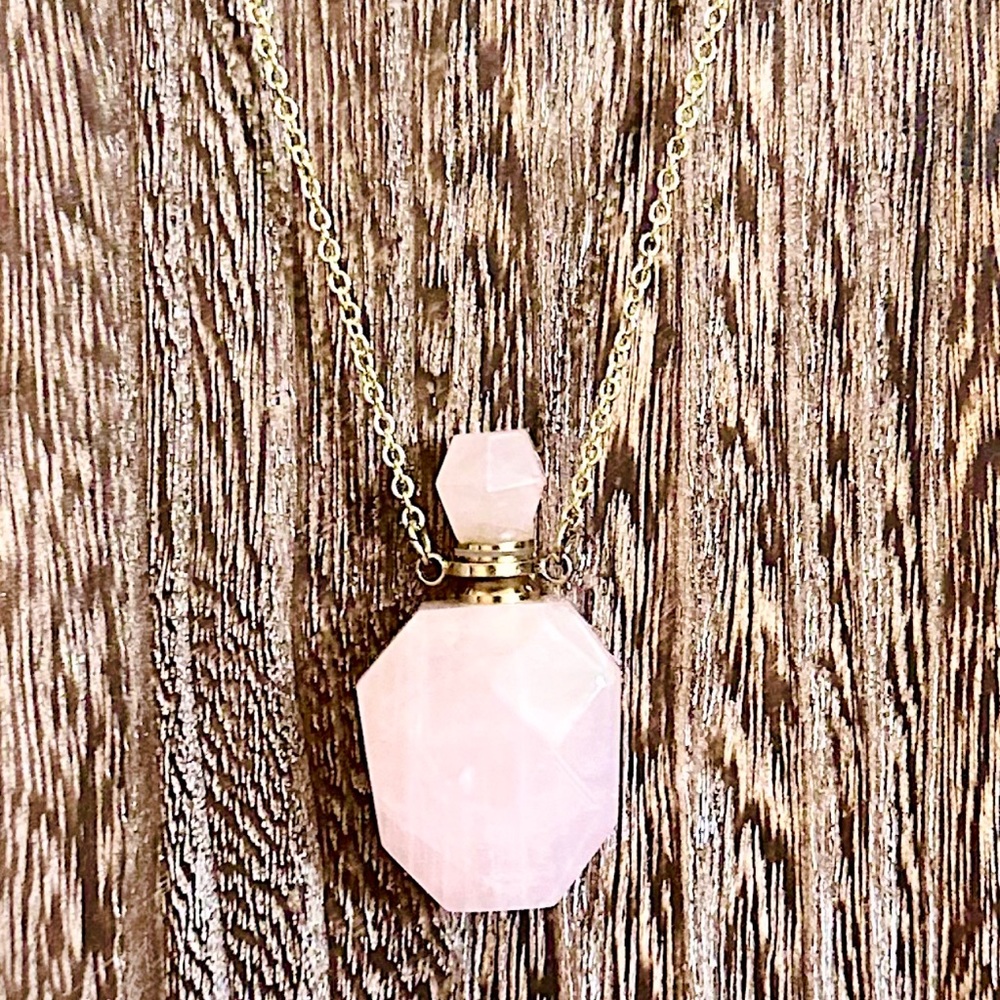 Rose Quartz Perfume Bottle Pendant Necklace.